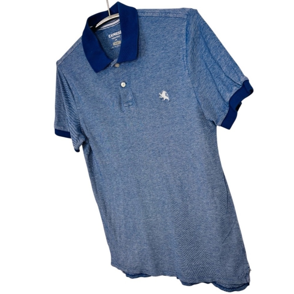 Express Men's Blue Pique Fitted Polo Shirt with Embroidery Size Medium